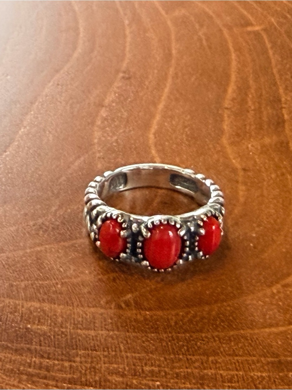 Silver Three-Stone Red Cabochon Band Ring
